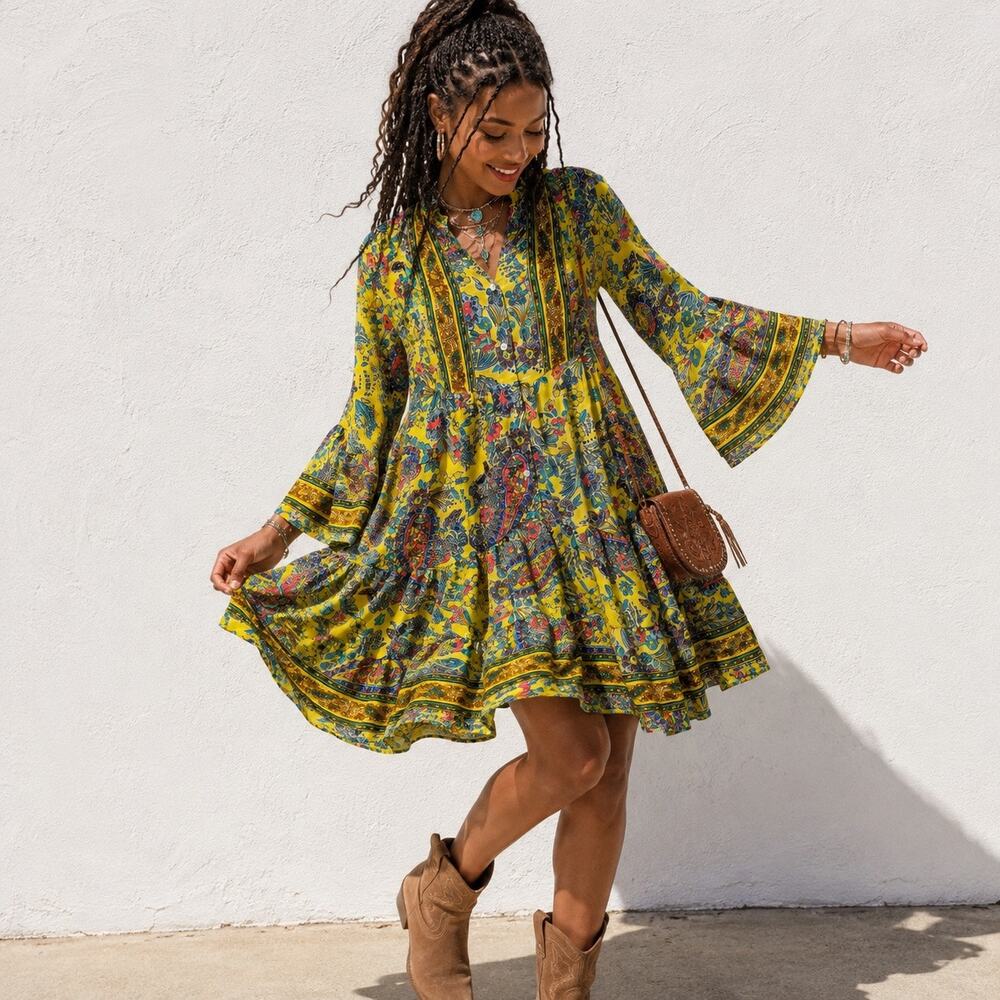 Zury Yellow Silk Blend Paisley Floral Tiered Boho Dress Free Size Art to Wear